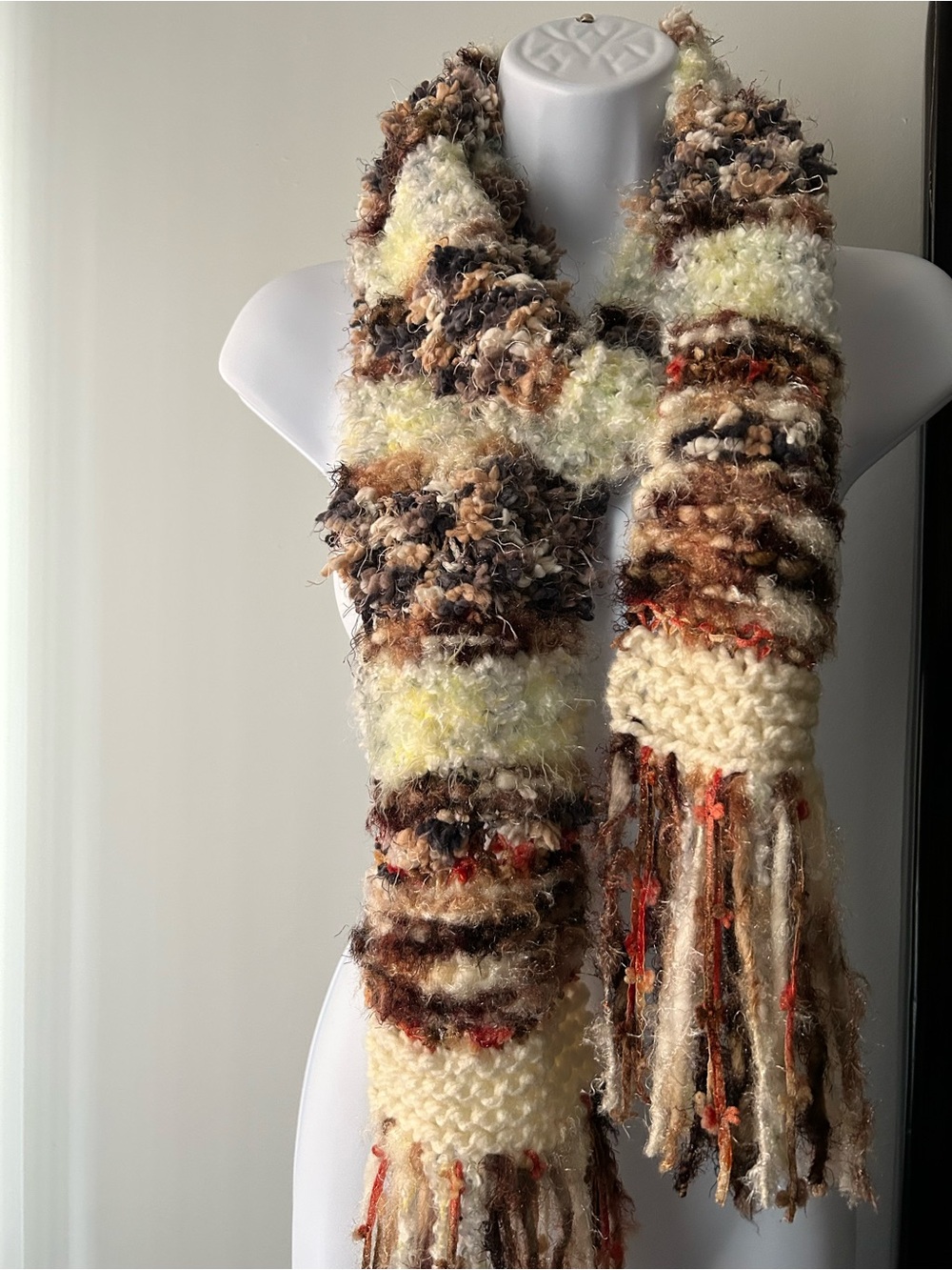 Hand-Knit Cream and Brown Textured Fringe Scarf